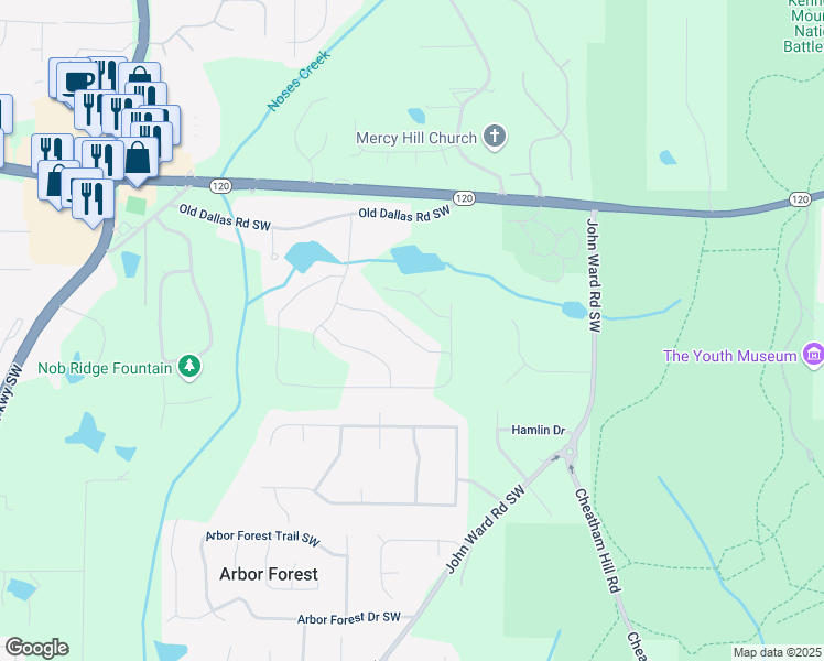 map of restaurants, bars, coffee shops, grocery stores, and more near 2208 Sage Mountain Court in Marietta