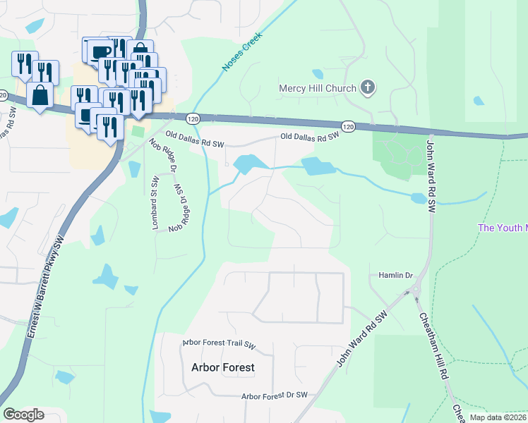 map of restaurants, bars, coffee shops, grocery stores, and more near 2069 Old Dallas Road Southwest in Marietta