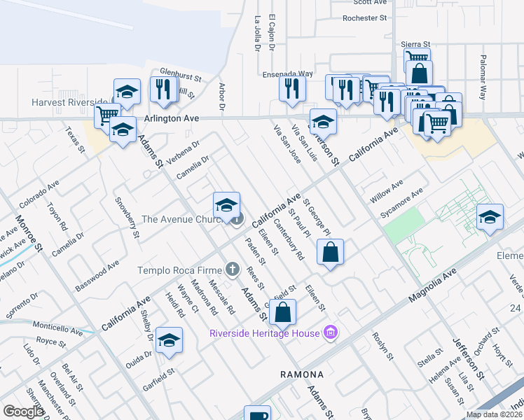 map of restaurants, bars, coffee shops, grocery stores, and more near 4216 Canterbury Road in Riverside