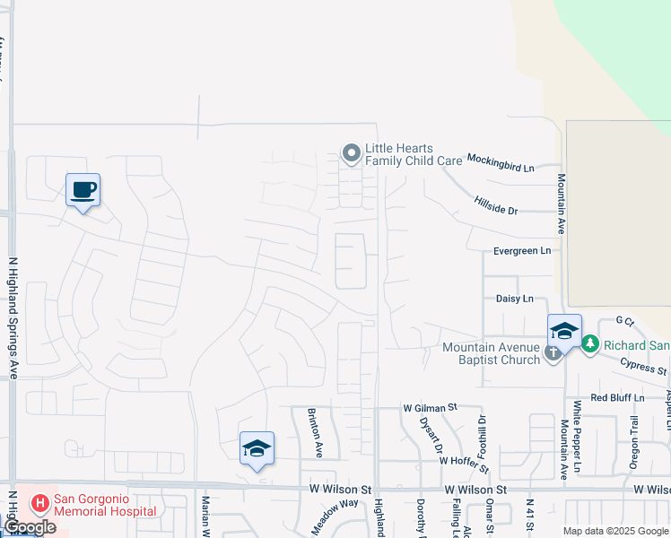 map of restaurants, bars, coffee shops, grocery stores, and more near Oleander Place in Banning
