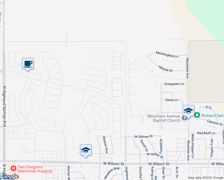 map of restaurants, bars, coffee shops, grocery stores, and more near Oleander Place in Banning