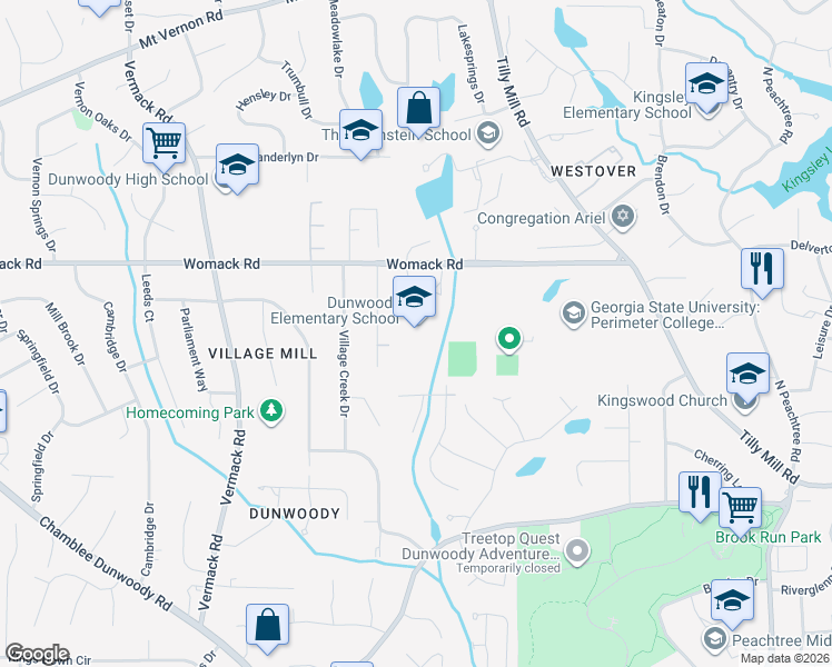 map of restaurants, bars, coffee shops, grocery stores, and more near 1923 Womack Road in Dunwoody