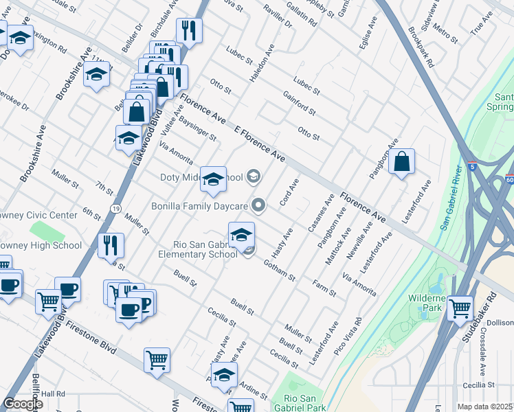 map of restaurants, bars, coffee shops, grocery stores, and more near 9314 Via Amorita in Downey