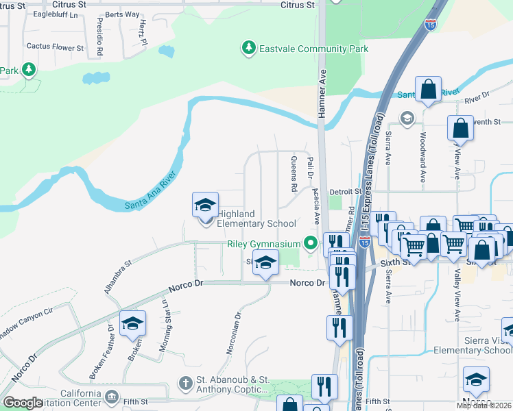 map of restaurants, bars, coffee shops, grocery stores, and more near 4186 Rim Crest Drive in Norco