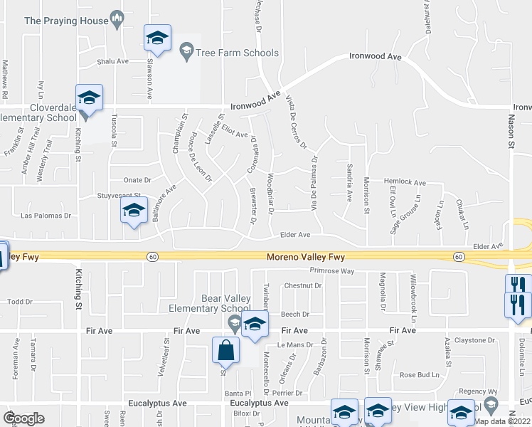 map of restaurants, bars, coffee shops, grocery stores, and more near 12353 Woodbriar Drive in Moreno Valley