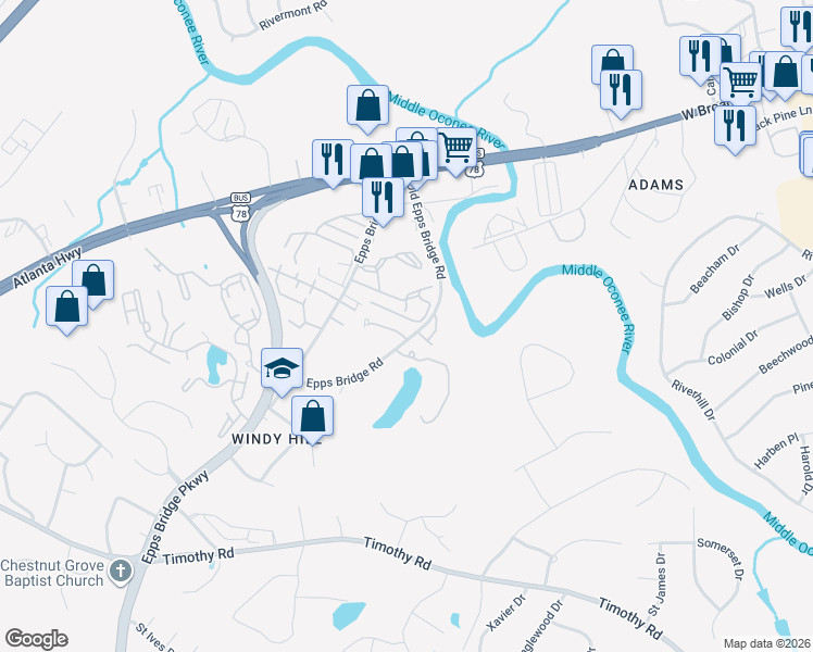 map of restaurants, bars, coffee shops, grocery stores, and more near 108 Tamara Court in Athens