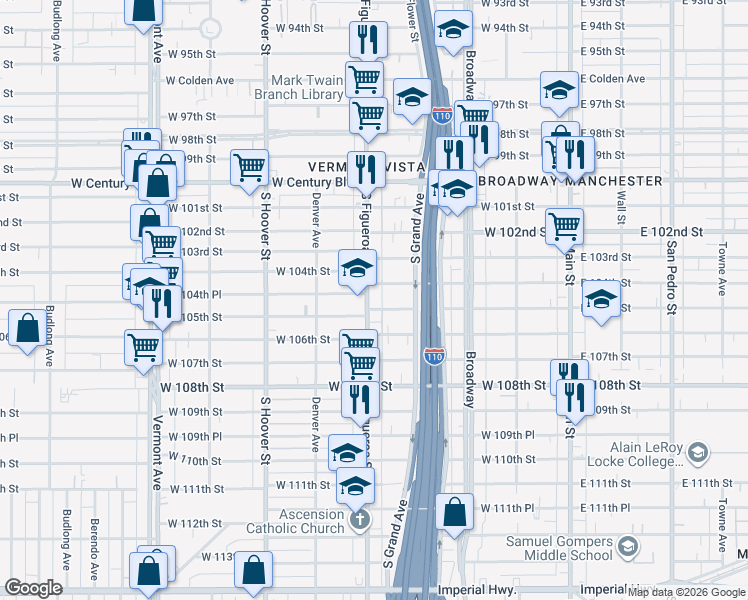 map of restaurants, bars, coffee shops, grocery stores, and more near 10420 South Figueroa Street in Los Angeles