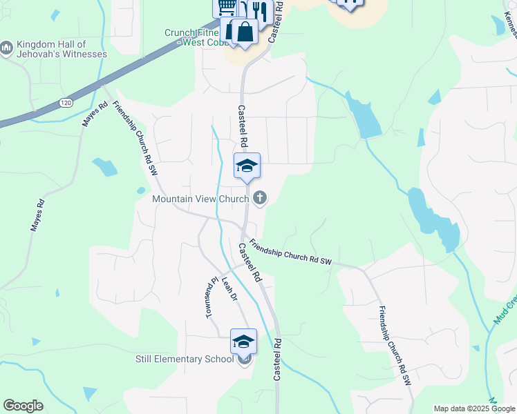 map of restaurants, bars, coffee shops, grocery stores, and more near 520 Casteel Road in Marietta
