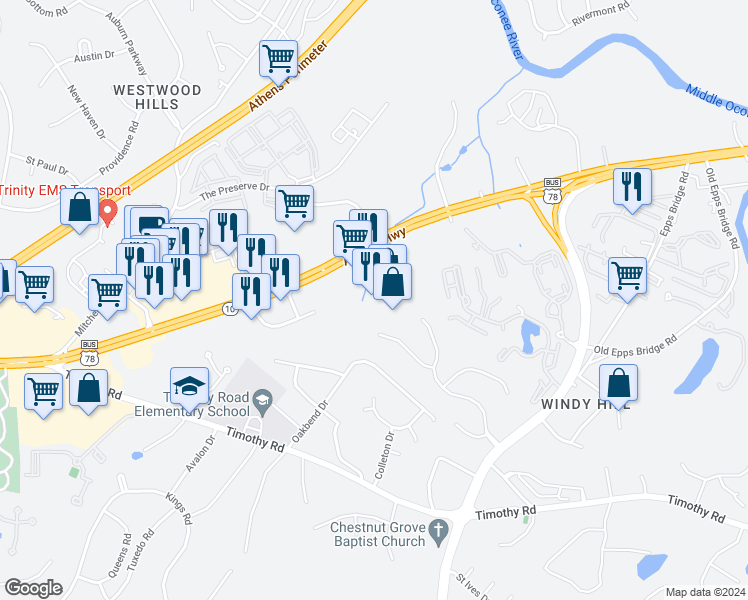 map of restaurants, bars, coffee shops, grocery stores, and more near 3065 Atlanta Highway in Athens