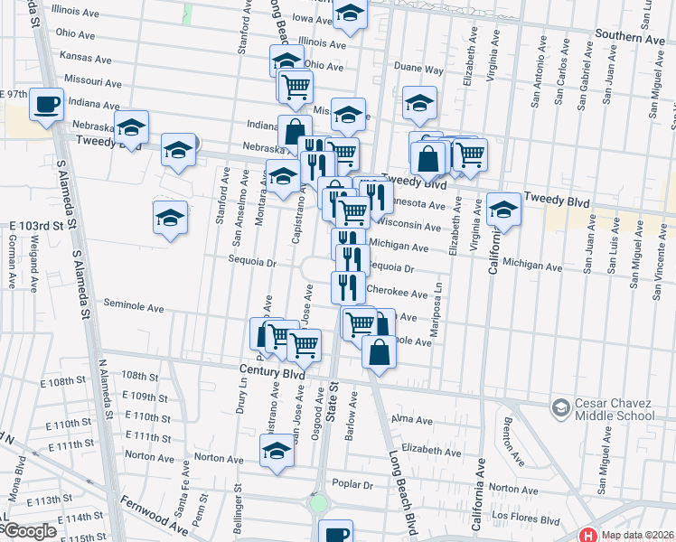 map of restaurants, bars, coffee shops, grocery stores, and more near 10303 Long Beach Boulevard in Lynwood