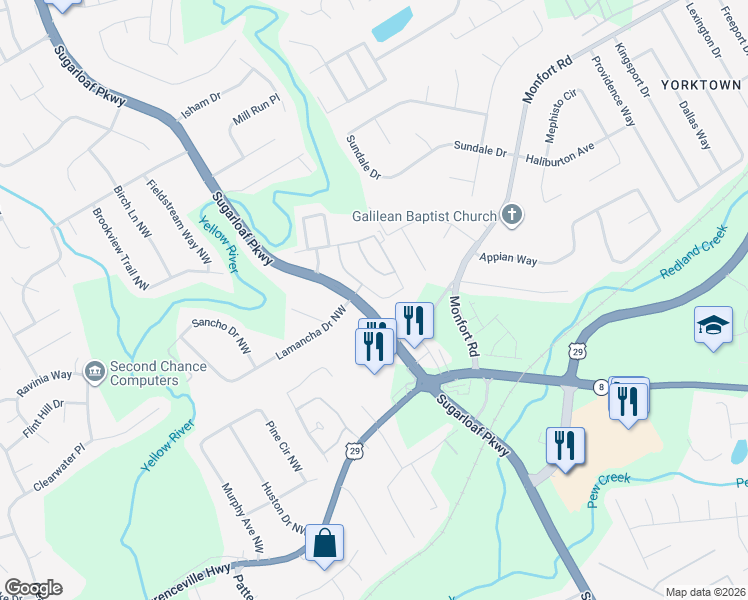 map of restaurants, bars, coffee shops, grocery stores, and more near 758 Parc River Boulevard in Lawrenceville