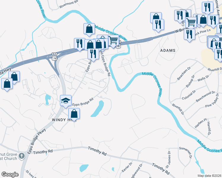 map of restaurants, bars, coffee shops, grocery stores, and more near 385 Old Epps Bridge Road in Athens