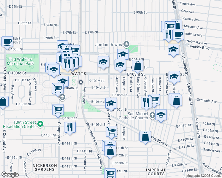 map of restaurants, bars, coffee shops, grocery stores, and more near 10400 Wilmington Avenue in Los Angeles