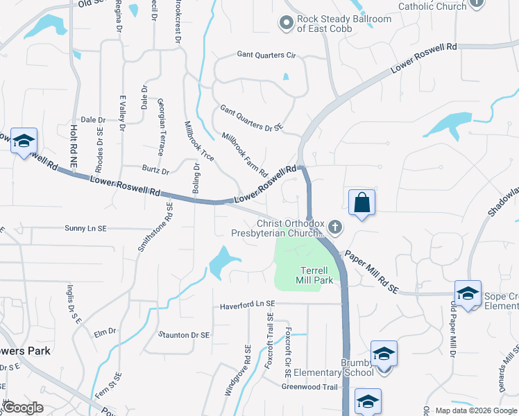map of restaurants, bars, coffee shops, grocery stores, and more near 3042 Kalah Place in Marietta