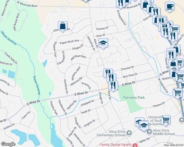 map of restaurants, bars, coffee shops, grocery stores, and more near 2206 Graystone Drive in Sumter