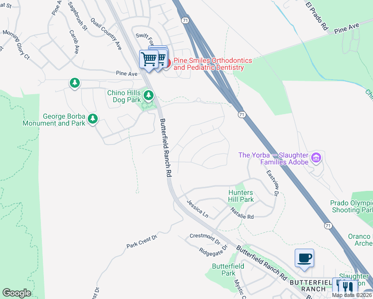 map of restaurants, bars, coffee shops, grocery stores, and more near 17185 Guarda Drive in Chino Hills
