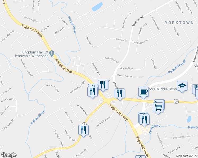 map of restaurants, bars, coffee shops, grocery stores, and more near 688 Parc River Boulevard in Lawrenceville