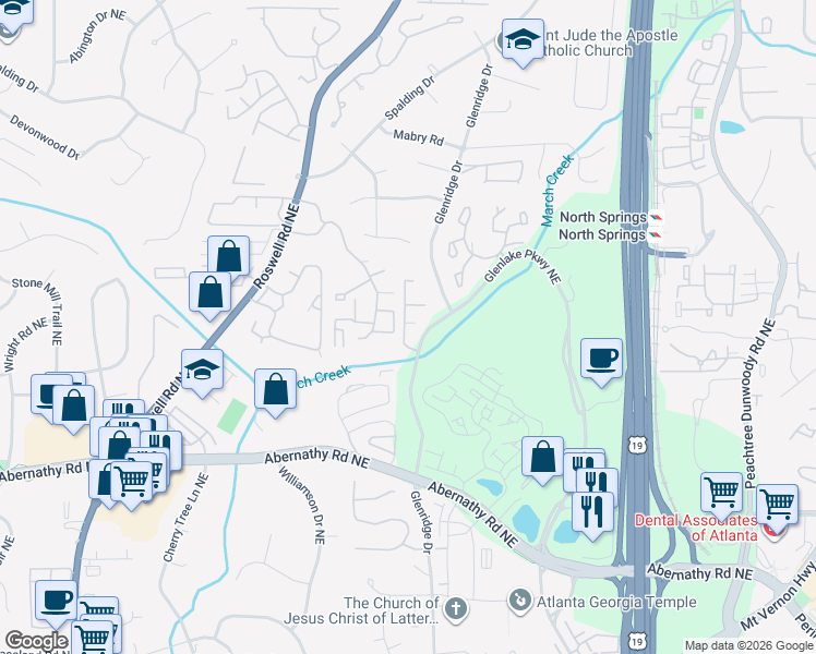 map of restaurants, bars, coffee shops, grocery stores, and more near 6816 Glenridge Drive in Sandy Springs