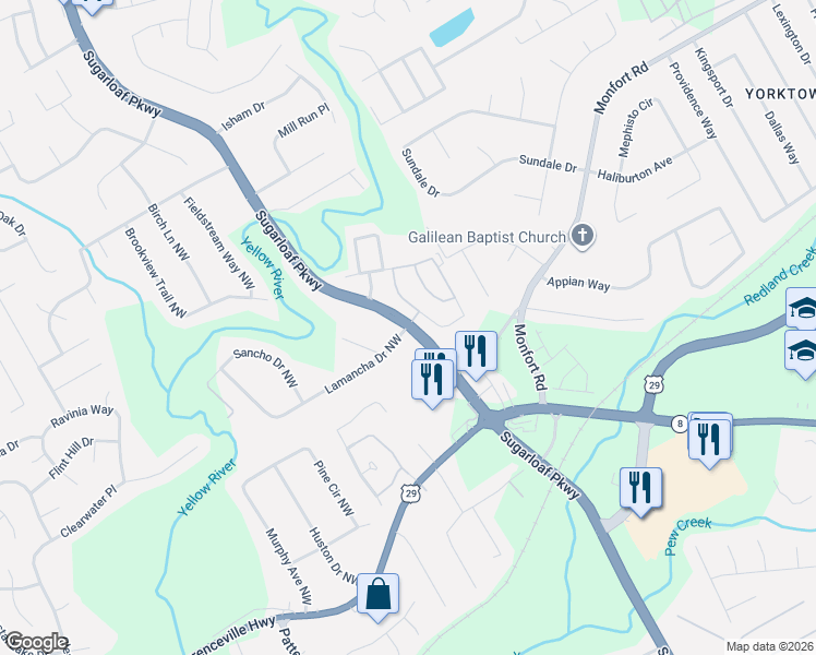map of restaurants, bars, coffee shops, grocery stores, and more near 860 Parc River Boulevard in Lawrenceville