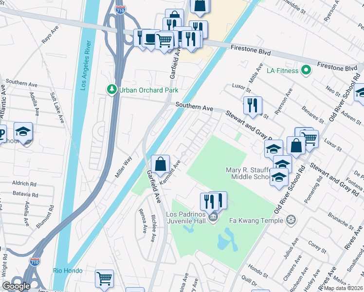 map of restaurants, bars, coffee shops, grocery stores, and more near 9833 Karmont Avenue in South Gate
