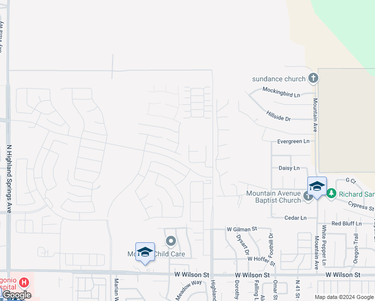 map of restaurants, bars, coffee shops, grocery stores, and more near Oleander Place in Banning