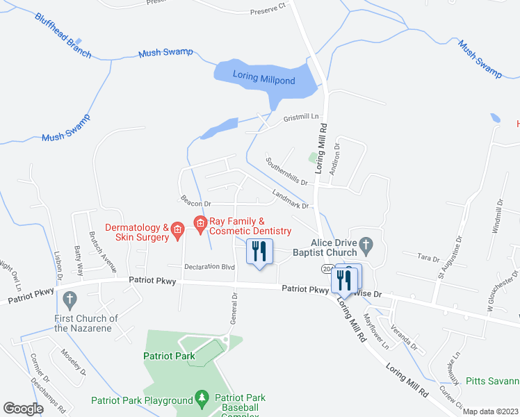 map of restaurants, bars, coffee shops, grocery stores, and more near 3442 Beacon Drive in Sumter