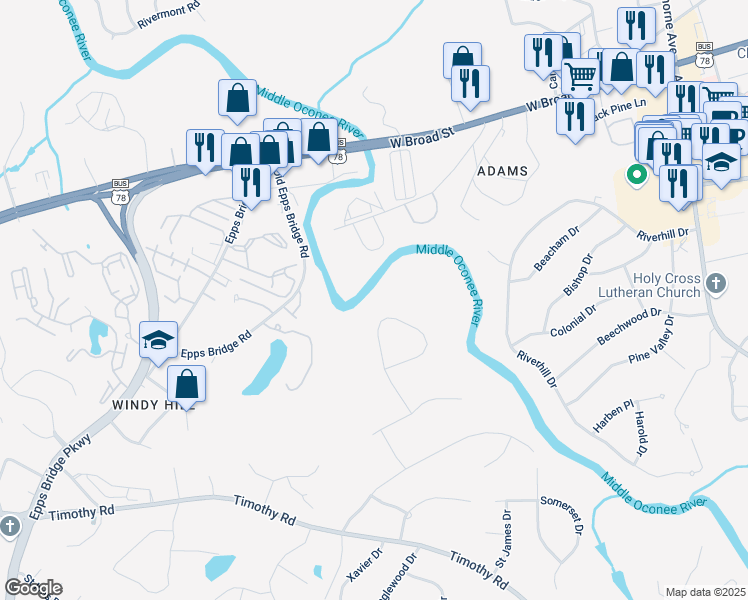 map of restaurants, bars, coffee shops, grocery stores, and more near 130 Tanner Bluff in Athens