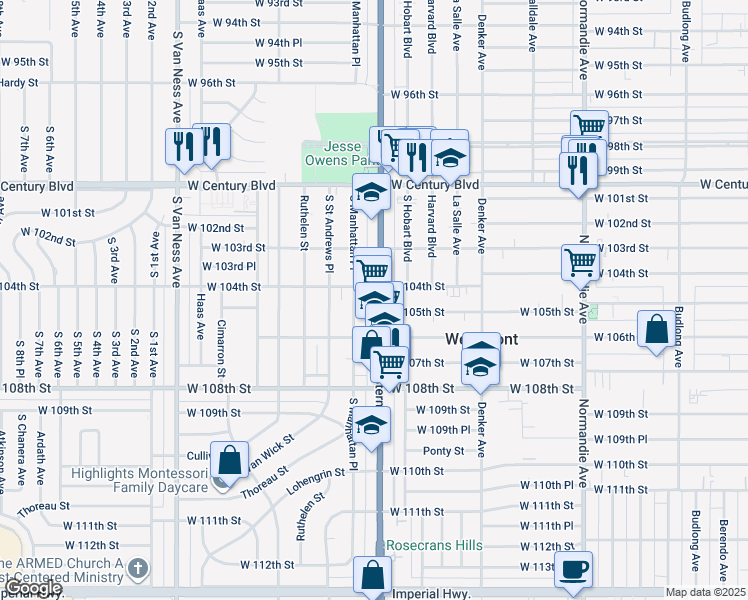 map of restaurants, bars, coffee shops, grocery stores, and more near 10411 South Western Avenue in Los Angeles