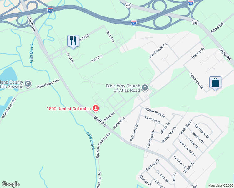 map of restaurants, bars, coffee shops, grocery stores, and more near 1034 Congaree Pointe Drive in Columbia