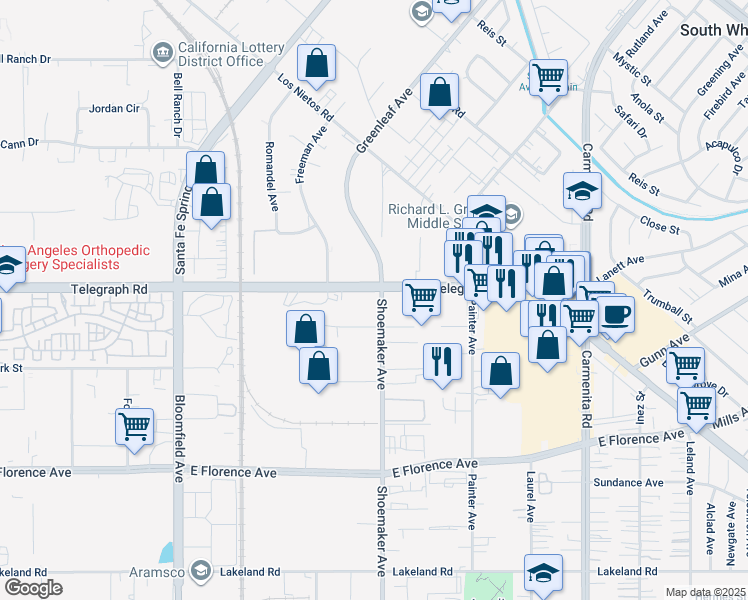 map of restaurants, bars, coffee shops, grocery stores, and more near 12940 Telegraph Road in Santa Fe Springs
