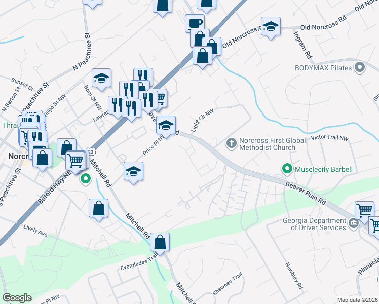 map of restaurants, bars, coffee shops, grocery stores, and more near 2595 Alston Trace in Norcross