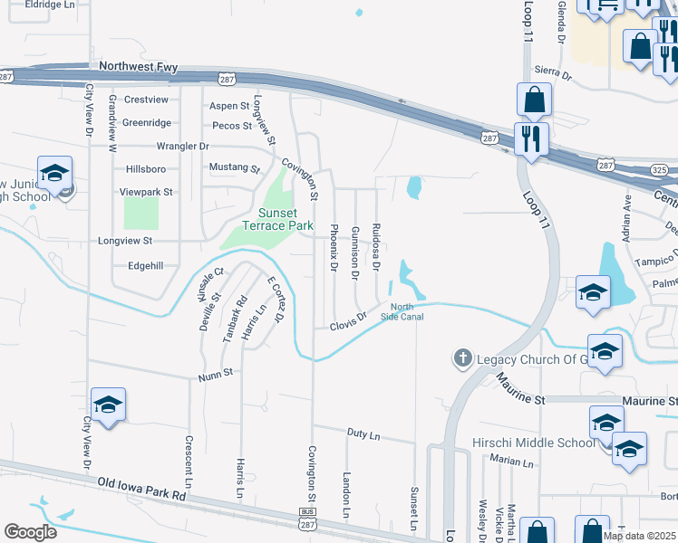 map of restaurants, bars, coffee shops, grocery stores, and more near 1421 Phoenix Drive in Wichita Falls