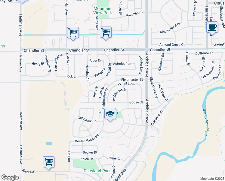 map of restaurants, bars, coffee shops, grocery stores, and more near 8036 Finch Street in Corona