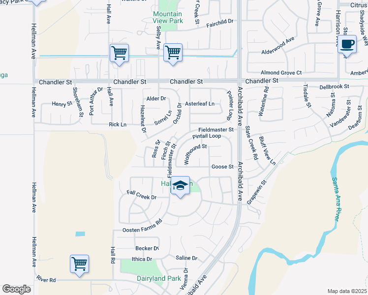 map of restaurants, bars, coffee shops, grocery stores, and more near 14383 Pintail Loop in Corona