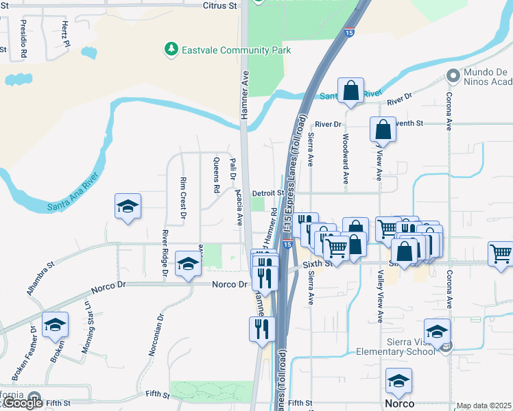 map of restaurants, bars, coffee shops, grocery stores, and more near 1798 Detroit Street in Norco