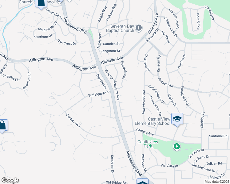 map of restaurants, bars, coffee shops, grocery stores, and more near 6075 Academy Avenue in Riverside
