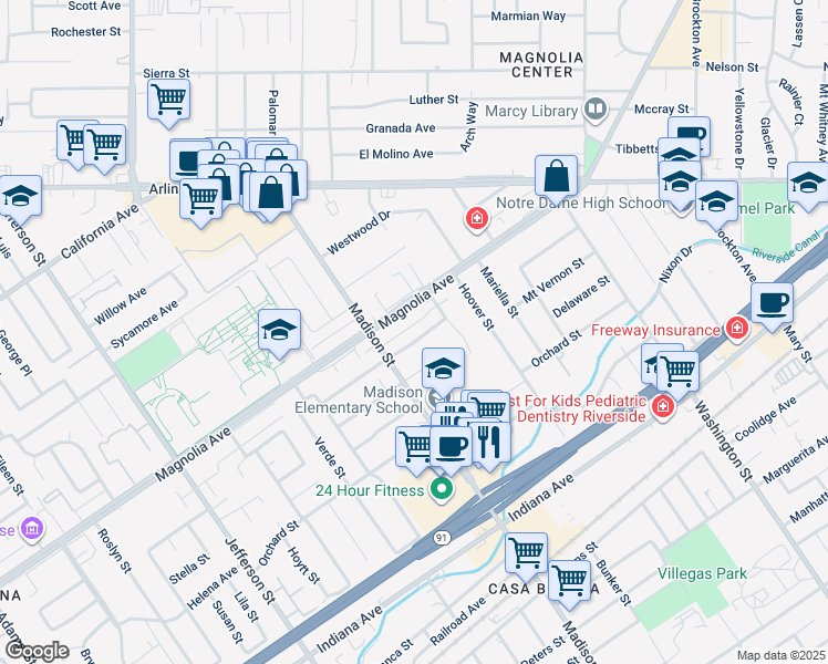 map of restaurants, bars, coffee shops, grocery stores, and more near 7448 Magnolia Avenue in Riverside