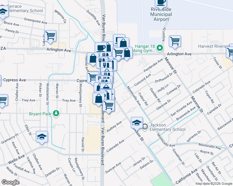 map of restaurants, bars, coffee shops, grocery stores, and more near 4879 Jackson Street in Riverside