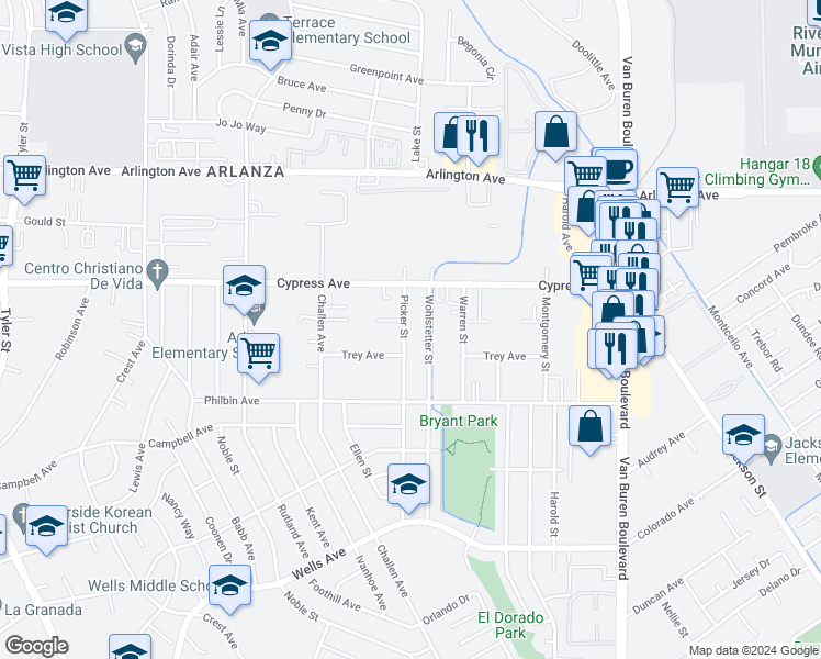 map of restaurants, bars, coffee shops, grocery stores, and more near 5930 Wohlstetter Street in Riverside
