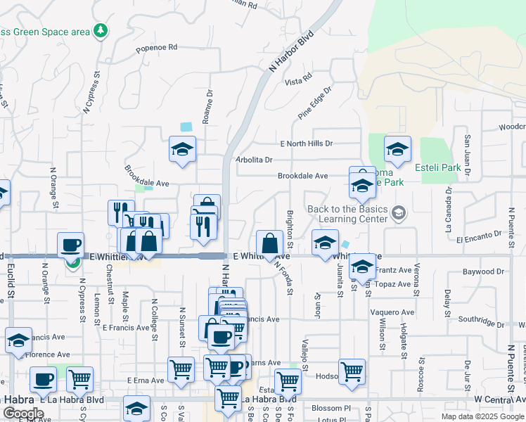 map of restaurants, bars, coffee shops, grocery stores, and more near 1300 Carmela Lane in La Habra