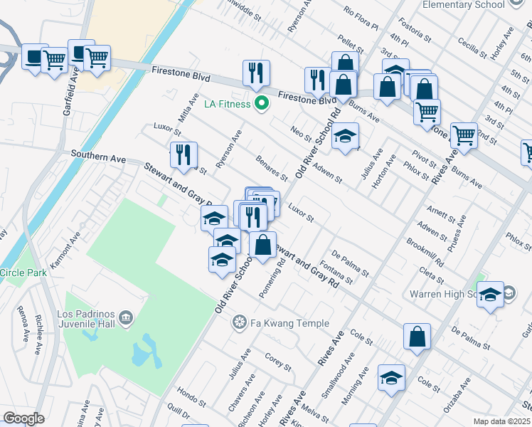 map of restaurants, bars, coffee shops, grocery stores, and more near 11811 Old River School Road in Downey
