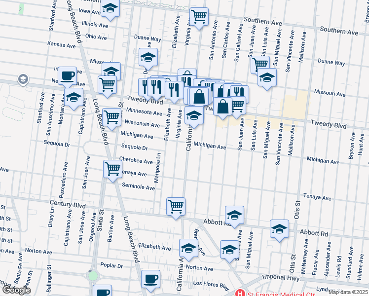 map of restaurants, bars, coffee shops, grocery stores, and more near 10132 California Avenue in South Gate