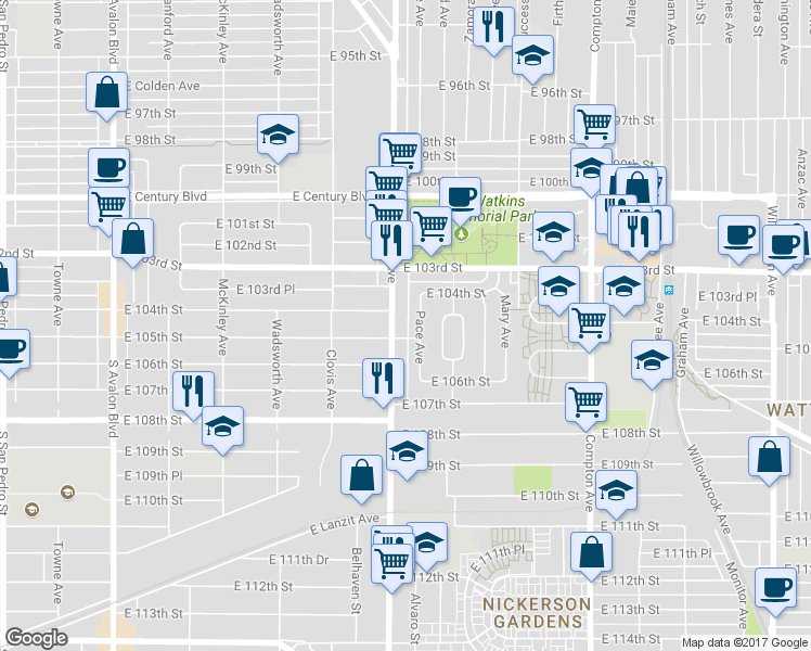 map of restaurants, bars, coffee shops, grocery stores, and more near 10408 South Central Avenue in Los Angeles