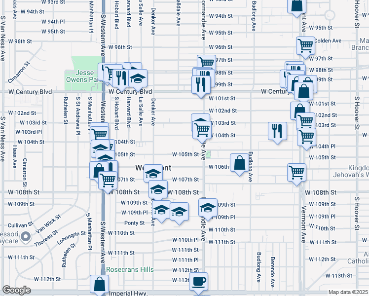 map of restaurants, bars, coffee shops, grocery stores, and more near 1448 West 104th Street in Los Angeles
