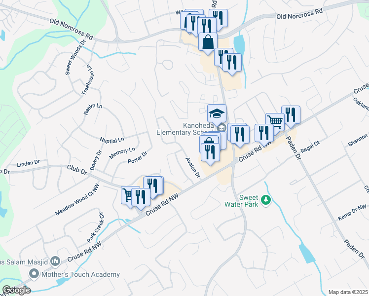 map of restaurants, bars, coffee shops, grocery stores, and more near 1035 Avalon Drive in Lawrenceville