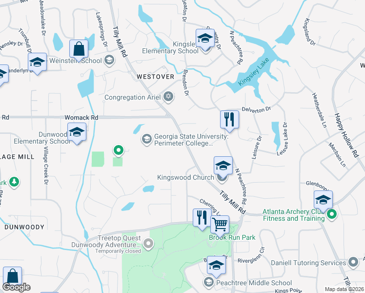 map of restaurants, bars, coffee shops, grocery stores, and more near 5141 Tilly Mill Road in Dunwoody