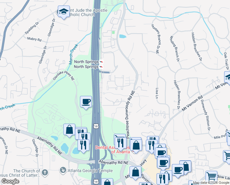 map of restaurants, bars, coffee shops, grocery stores, and more near 219 Peachtree Hollow Court Northeast in Atlanta