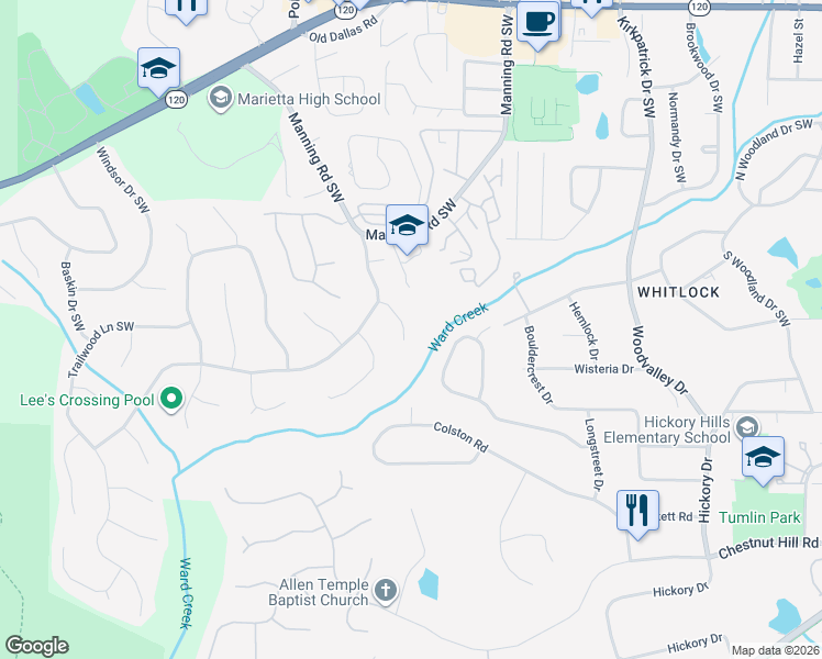 map of restaurants, bars, coffee shops, grocery stores, and more near 885 Park Creek Court Southwest in Marietta