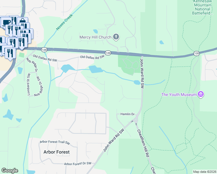 map of restaurants, bars, coffee shops, grocery stores, and more near 1814 Wynthrop Manor Drive Southwest in Marietta