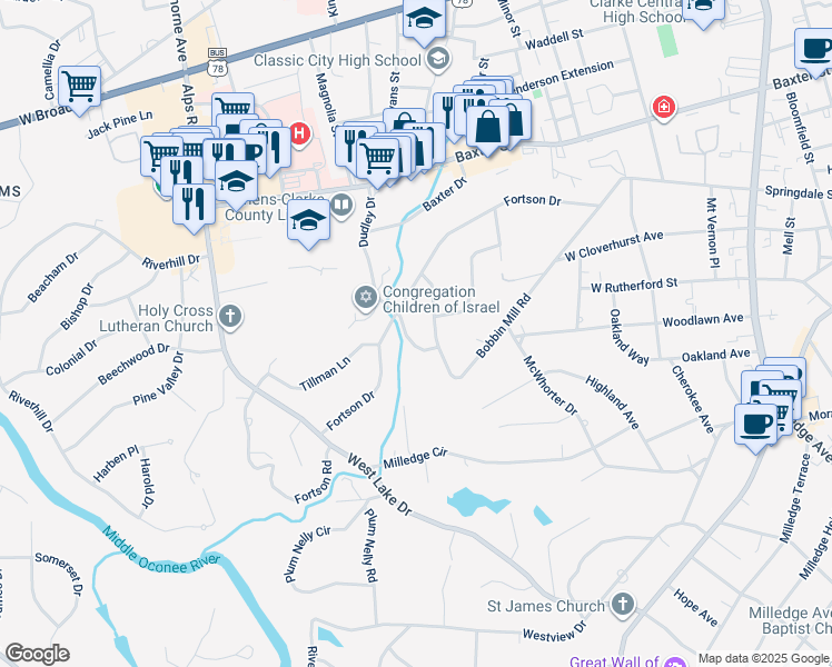 map of restaurants, bars, coffee shops, grocery stores, and more near 117 Meadowbrook Road in Athens